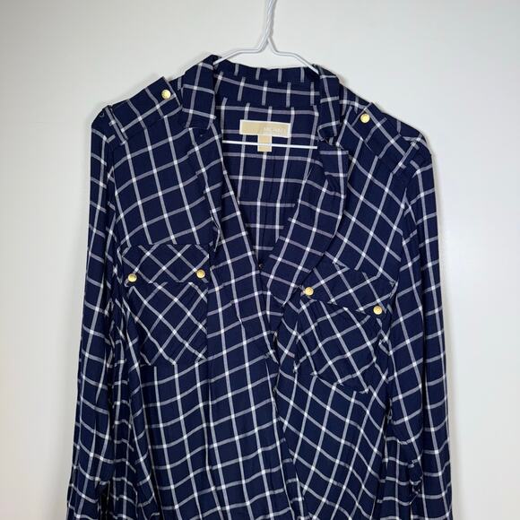Michael Michael Kors Plaid Blouse Women’s L Navy White Gold Button Top Work - Picture 2 of 14